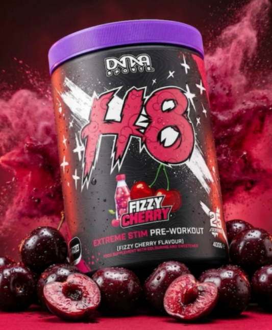 DNA Sports H8 Fizzy Cherry Extreme Stim Pre-Workout 375g tub with cherries