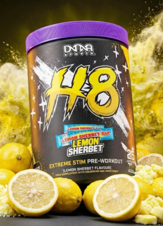 DNA Sports H8 Lemon Sherbet Extreme Stim Pre-Workout 375g tub with lemons